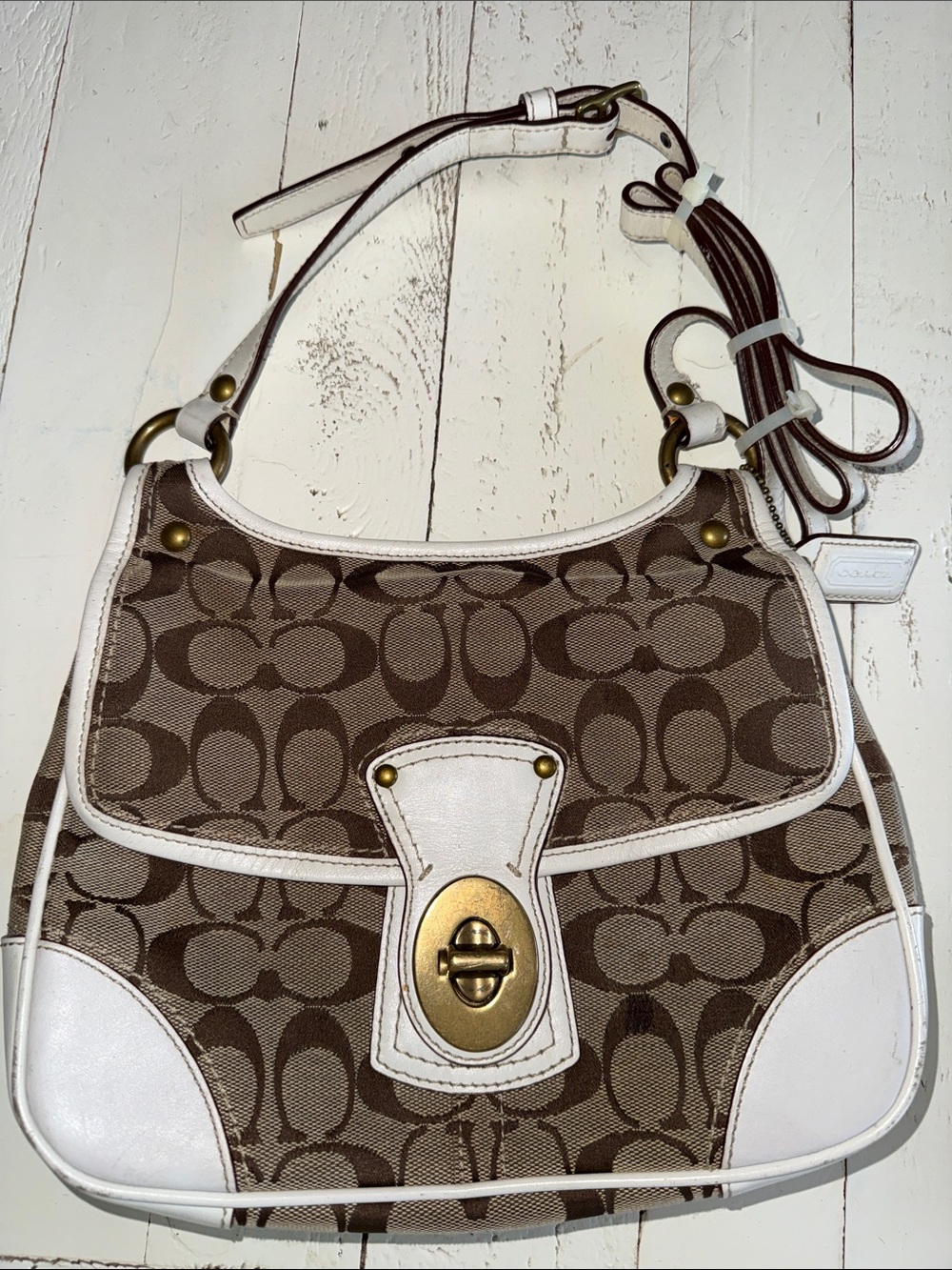 Coach 10567 Legacy Soho Flap White Leather Brown C Canvas Crossbody Bag